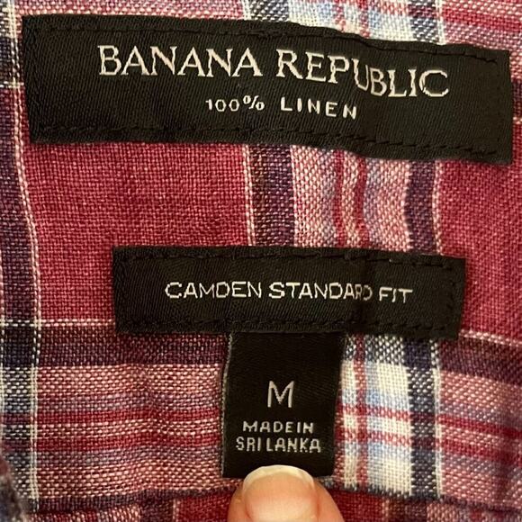 Banana Republic Camden Standard Fit Red Plaid Button Up Linen Shirt, M - Picture 6 of 12